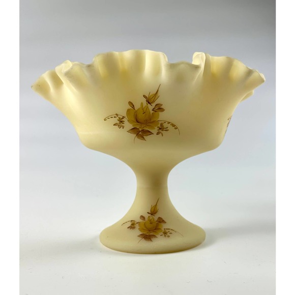 Vintage Signed Fenton Custard Glass Ruffled Crimped Compote Bowl Chocolate Roses - Picture 1 of 11